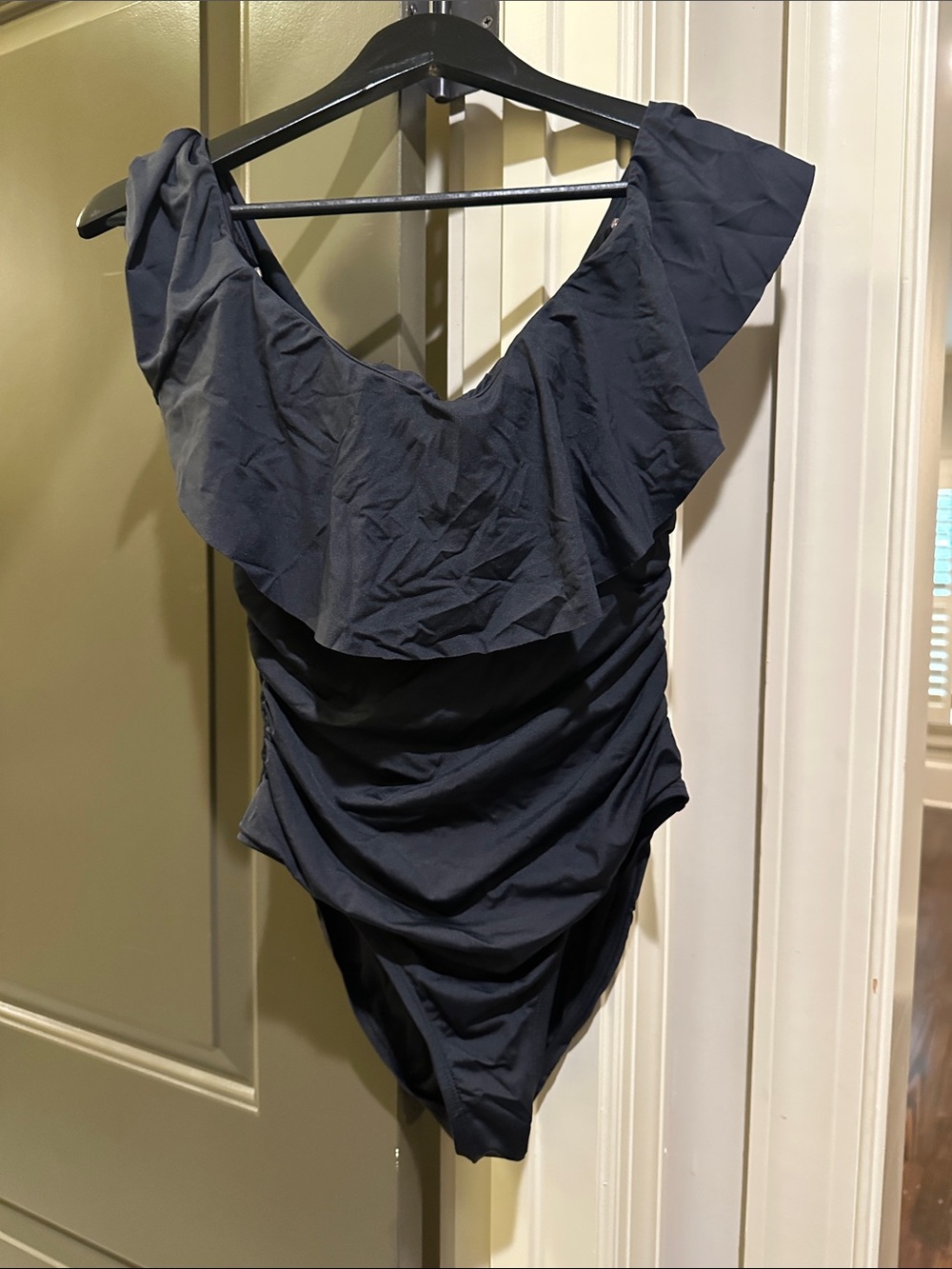 Women’s Black One-Piece Swimsuit with Ruffle Neckline